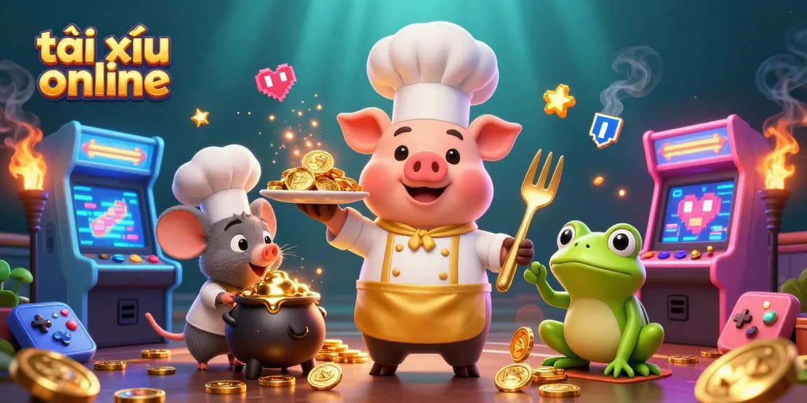 Enjoy exciting tài xỉu online gameplay as a cartoon chef pig serves golden coins amidst vibrant gaming elements.