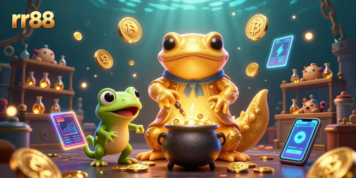 Engage with rr88 by exploring a vibrant 3D casino scene showcasing magical gold transformation and crypto elements.