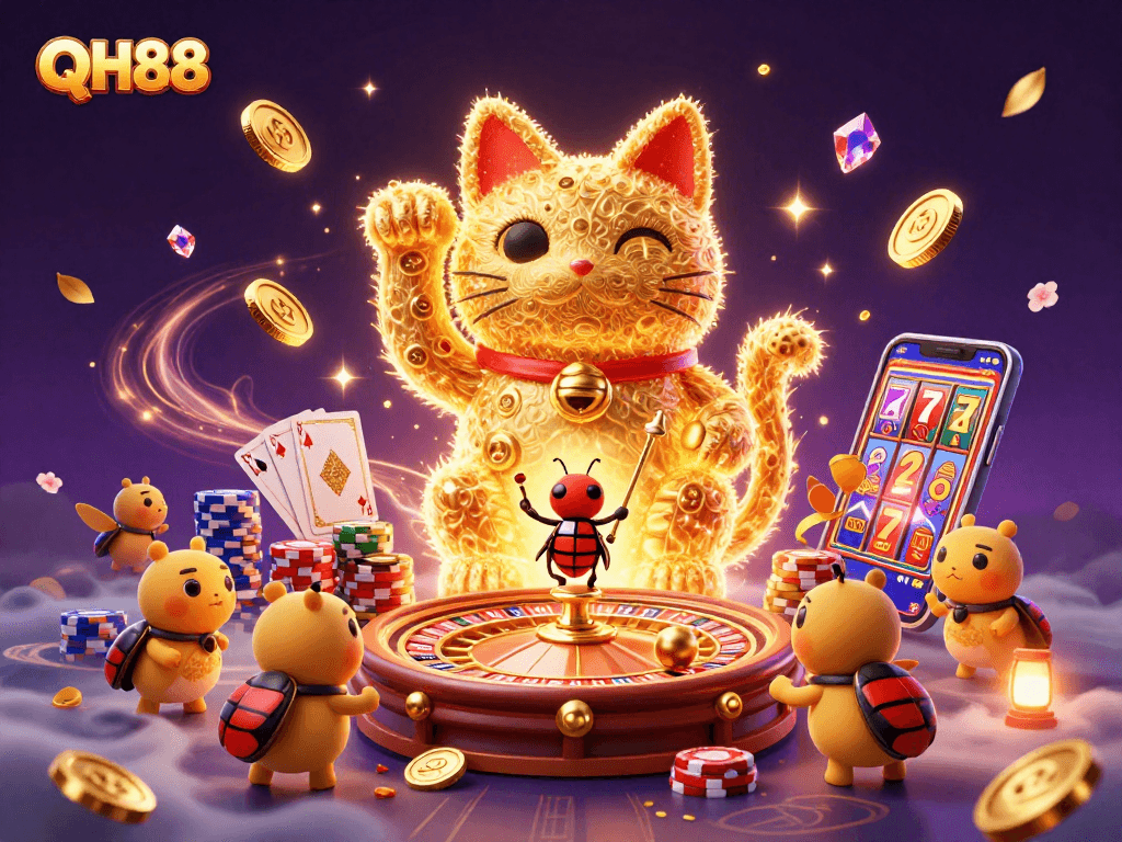 Experience the excitement of QH88 with a vibrant 3D casino scene featuring a lucky cat and golden coins.