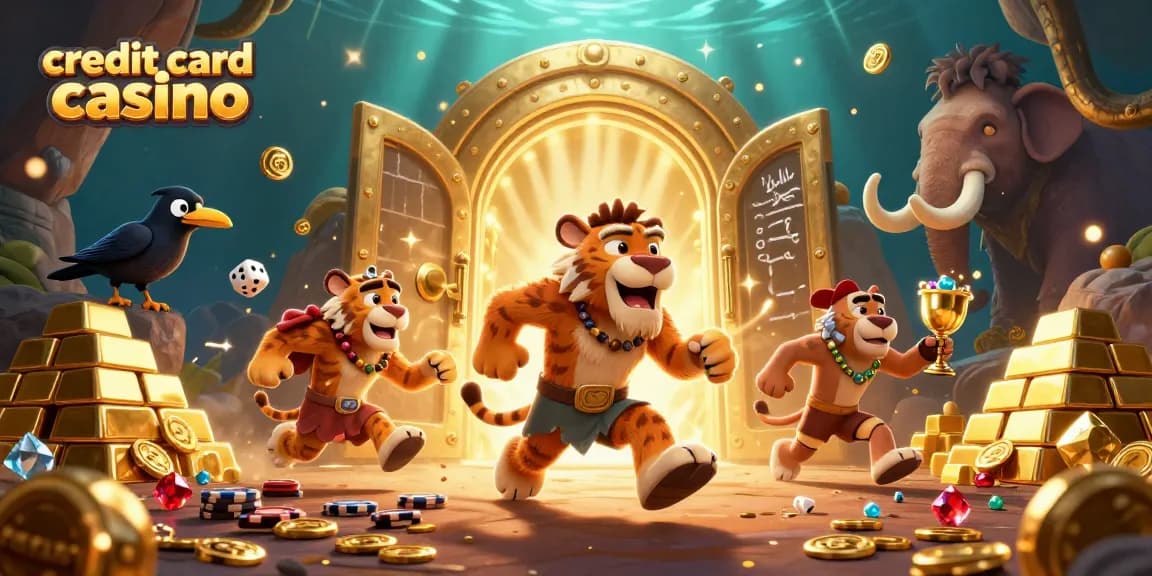 Experience the thrill at a credit card casino with our playful caveman and sabertooth tiger duo.