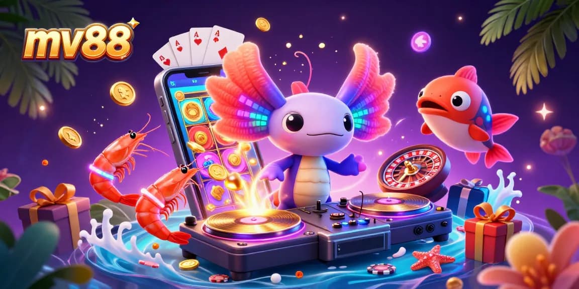 Experience exciting gameplay at mv88 with a vibrant 3D casino scene featuring a neon axolotl DJ and slot games.