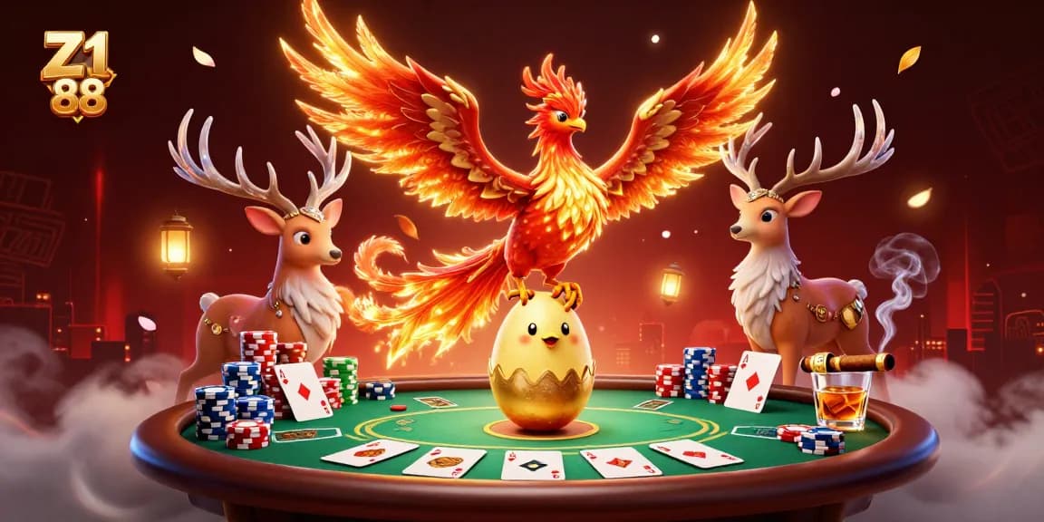 Z1 88 showcases a casino scene with a fire phoenix, poker elements, and vibrant casino atmosphere.