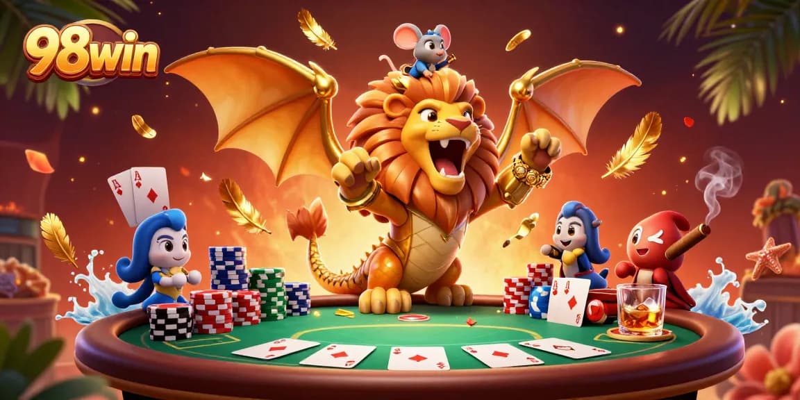 Engage with 98win's thrilling poker scene featuring a chimera with a mouse jockey, vibrant and dynamic elements.