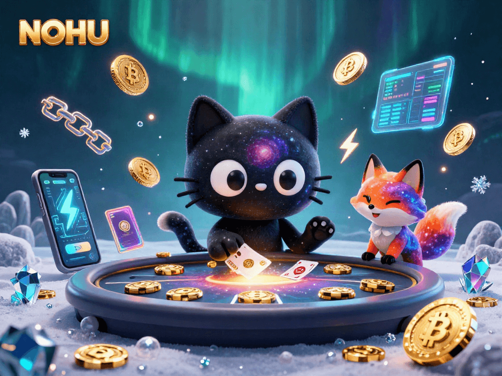 Engage with NOHU in a vibrant cosmic casino, with animated Bitcoin and Ethereum elements.