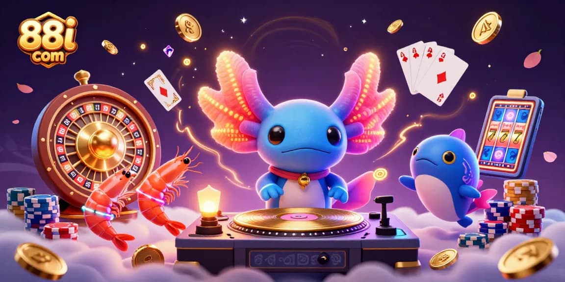 Bet big with 88i com at a vibrant casino party featuring a neon axolotl DJ and dynamic games.