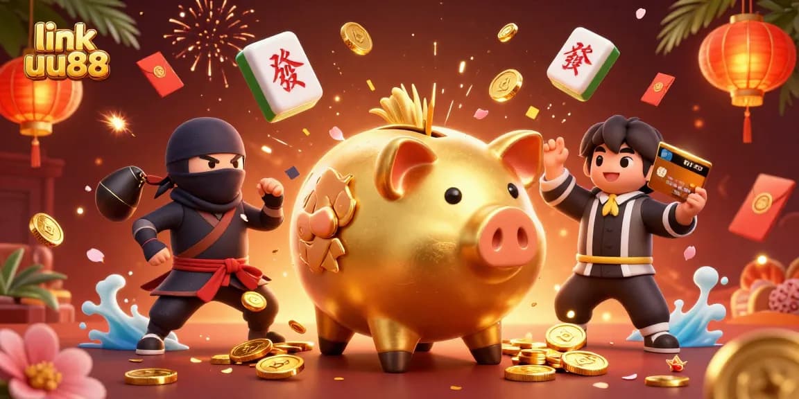 Experience the excitement of link uu88 with a dynamic 3D casino scene featuring unique characters and festive elements.