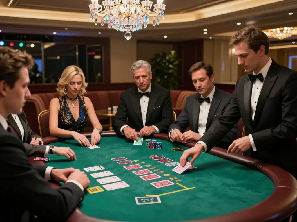 Players engage in intense blackjack game at casino, showcasing strategic bets and 7m atmosphere.