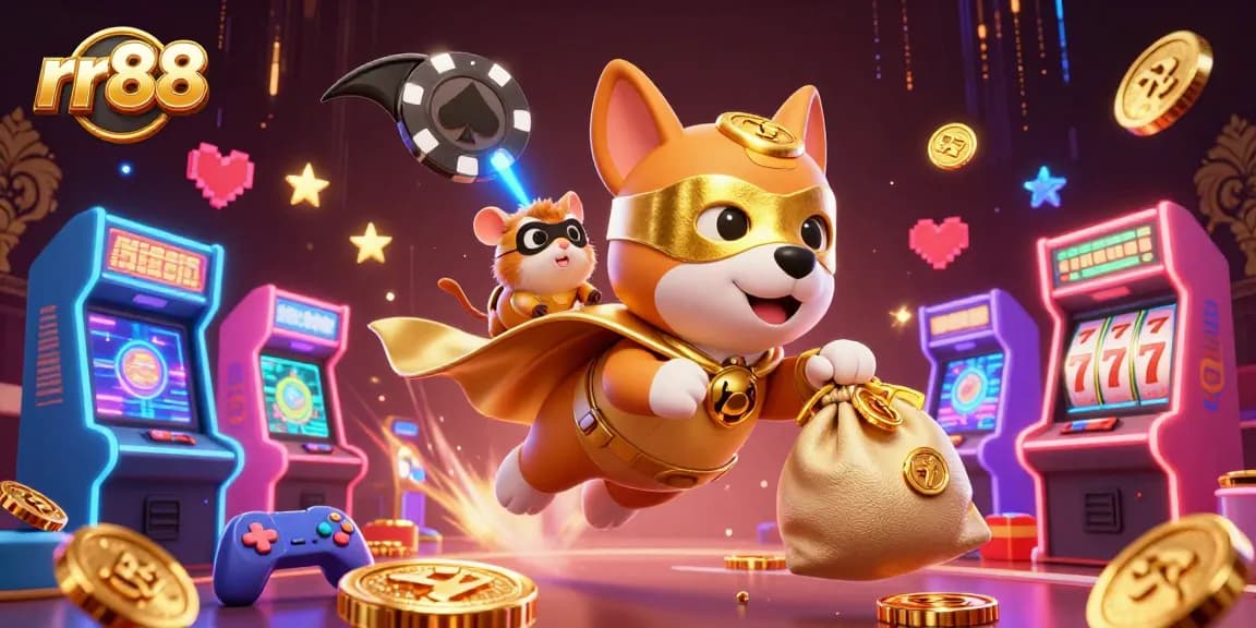 Experience thrilling gaming with rr88, showcasing a superhero dog and hamster amidst vibrant casino elements.