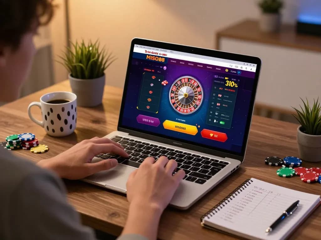 MISO88 player engaging with online roulette, strategic notes beside laptop in cozy workspace.