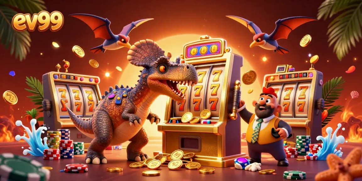 ev99 slot machine pays out with golden coins as character chaos unfolds in vibrant casino scene