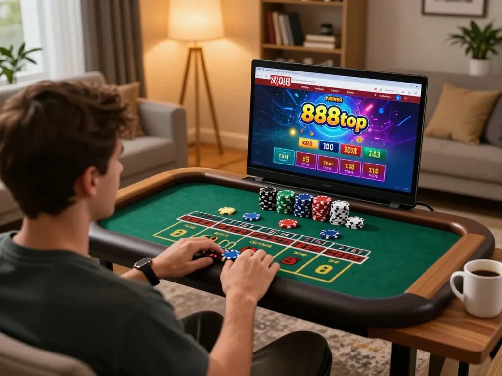 Player engaging in live dealer game via 888top from the comfort of a cozy living room.