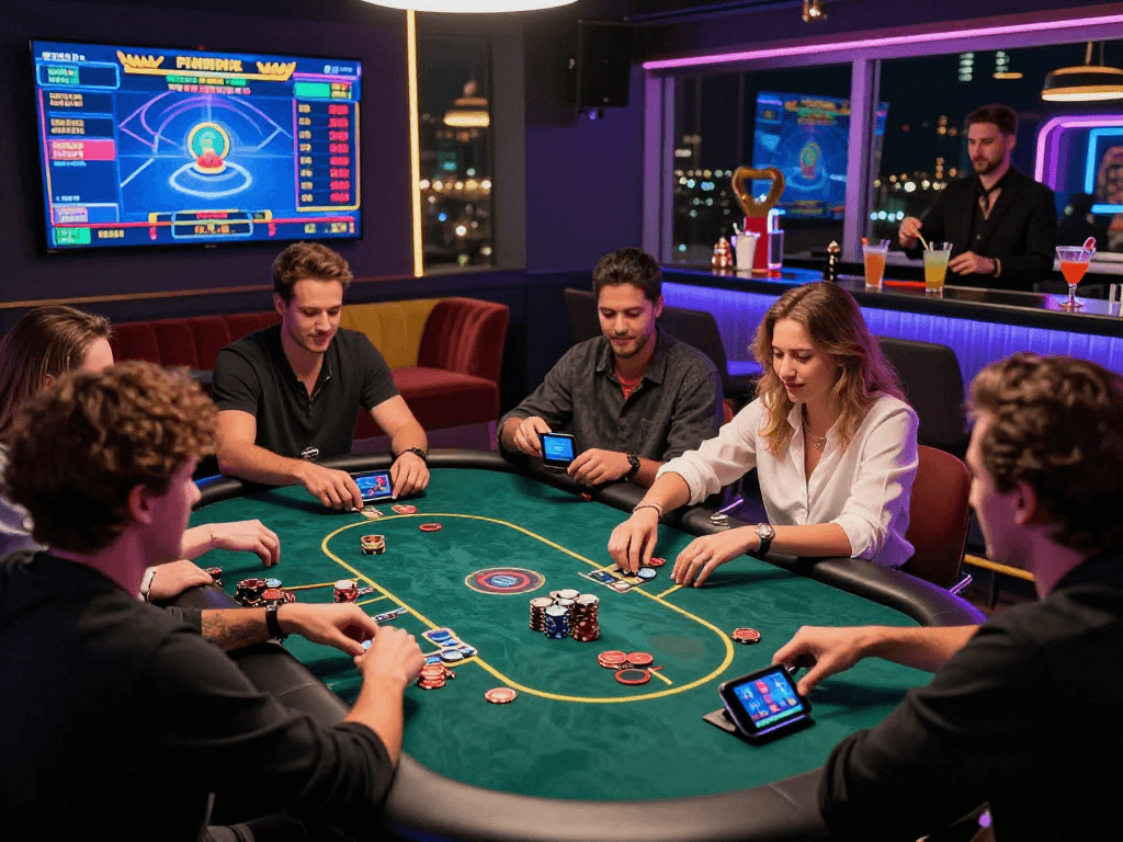 Crypto casino experience with friends enjoying digital poker and vibrant atmosphere.