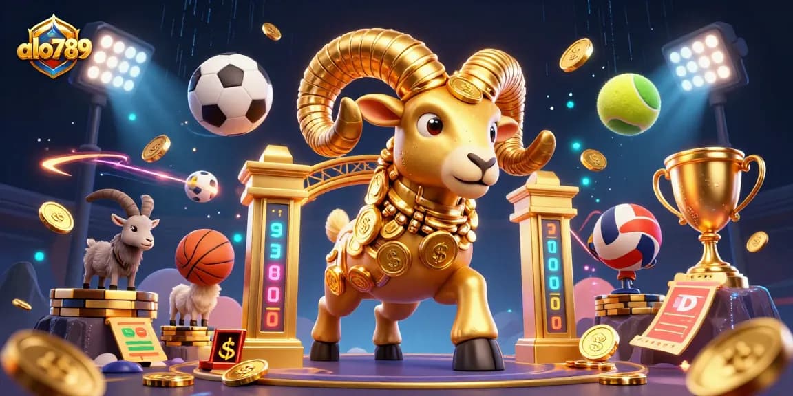 Win big with alo789 as a golden ram charges through a vibrant gambling arena full of energy and excitement.