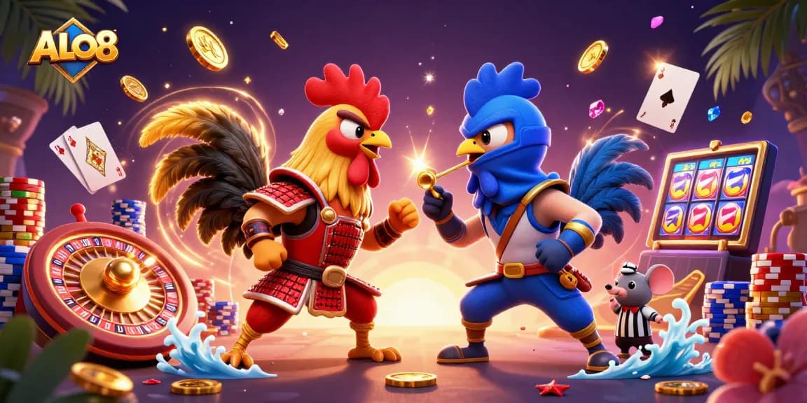 Experience thrilling ALO8 gameplay with 3D cartoon fighting roosters in an action-packed scene.