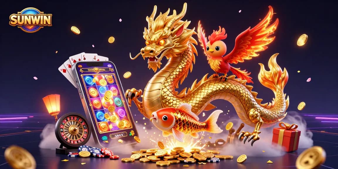 SUNWIN players spinning reels and winning big in a vibrant 3D casino illustration