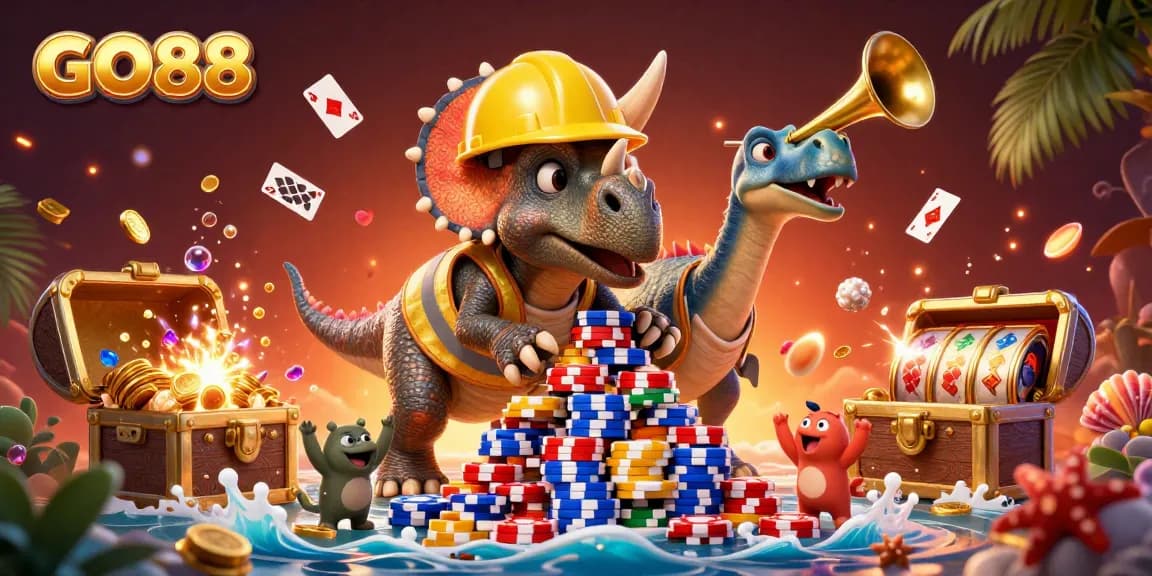 GO88 showcases a thrilling gaming scene with triceratops and casino elements celebrating jackpot wins.