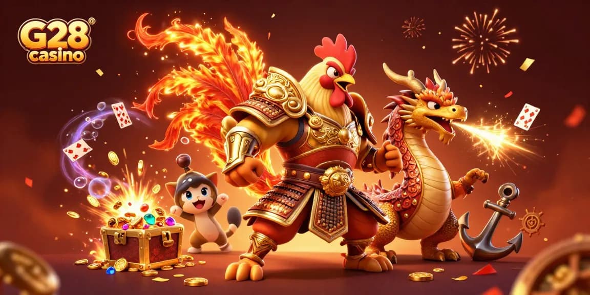 Engage your luck at G28 casino with a dynamic scene featuring fierce characters and exciting gaming elements.