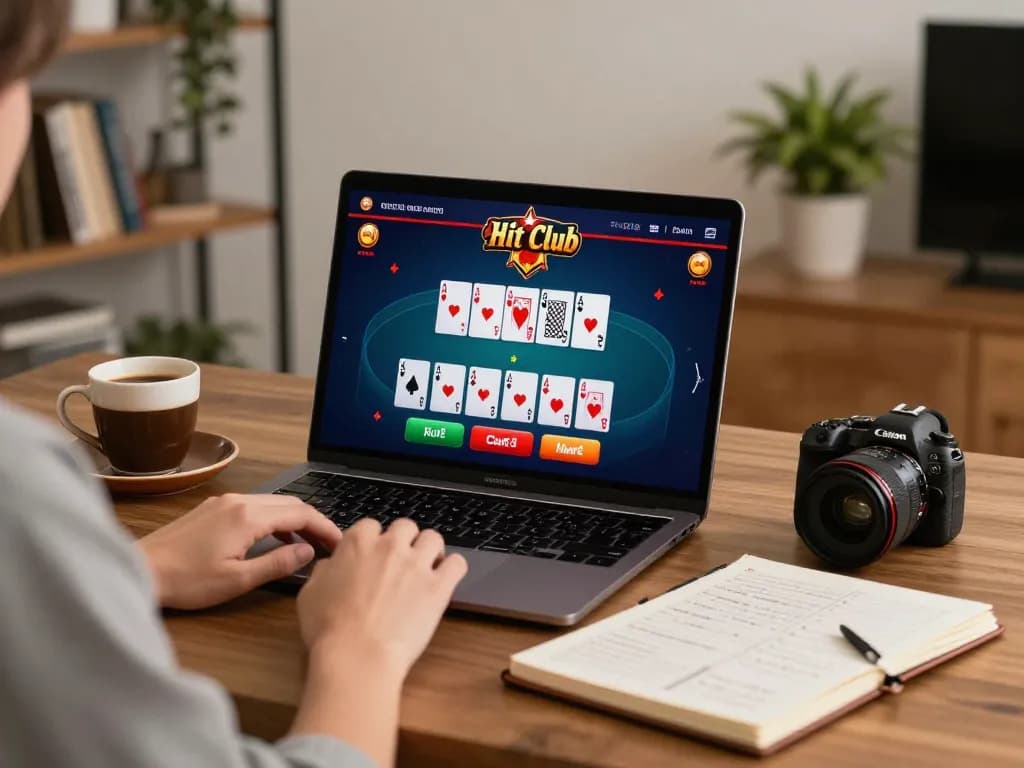 Engaging in strategic bets at hit-club poker from a cozy home setup, showing gameplay on laptop.