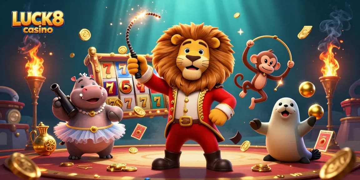 Experience LUCK8 casino excitement with a vibrant 3D illustration of lively characters and slot elements.