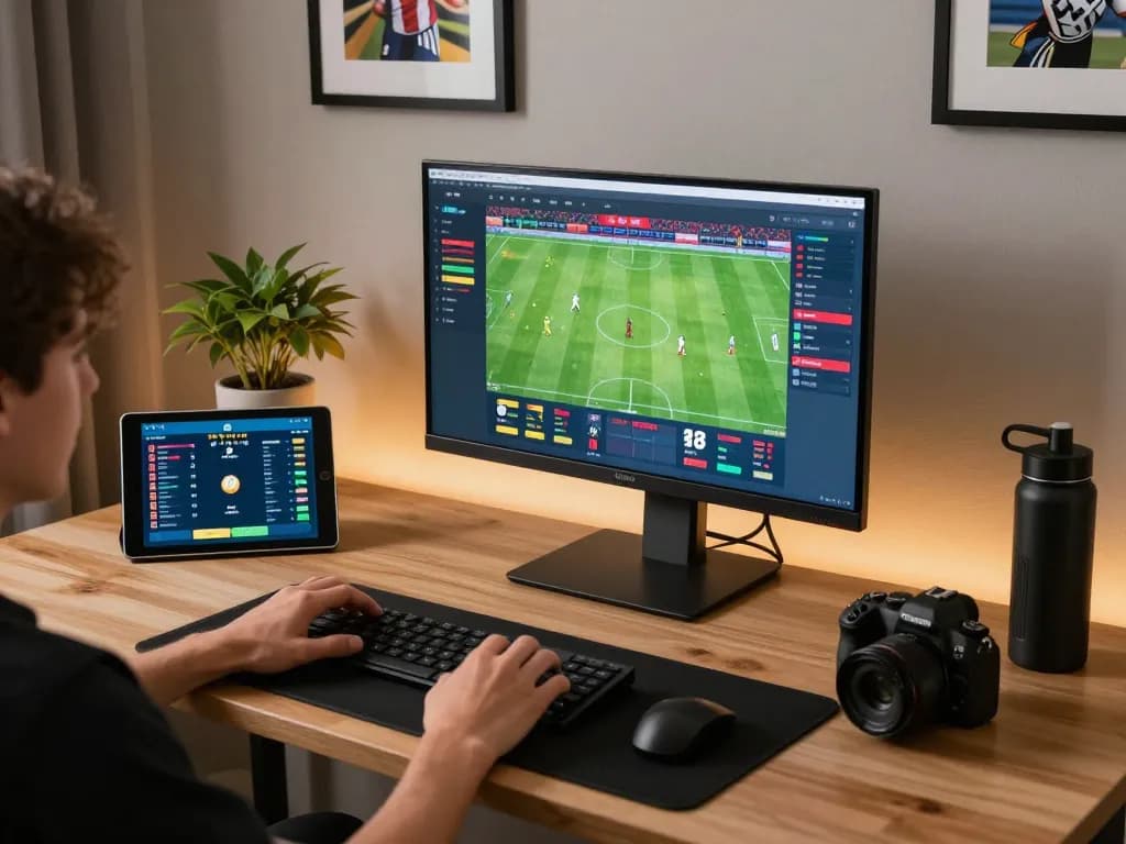 Engaging in sports betting บอล ออนไลน์ at home with multiple screens displaying live scores and betting options
