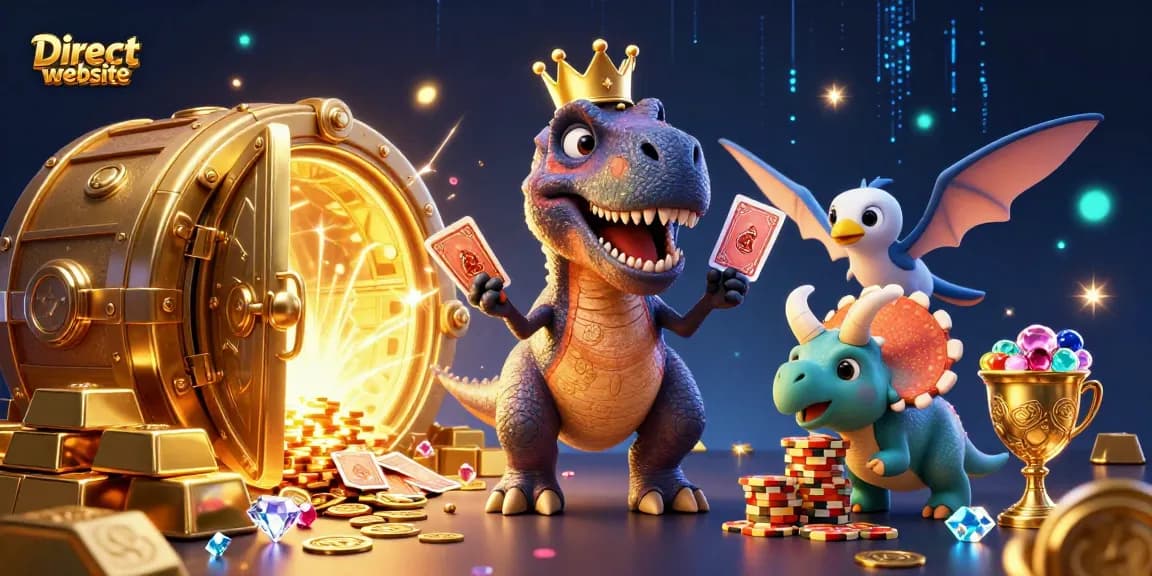 Winning at the Direct website with a fun 3D T-Rex card dealer amidst casino treasures.