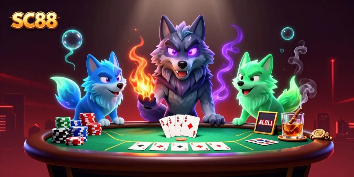Betting at SC88 with card games and colorful poker chips in an energetic casino scene.