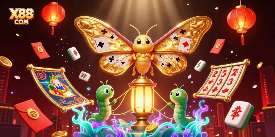 X88 COM showcases a vibrant 3D casino illustration featuring games and lucky symbols.