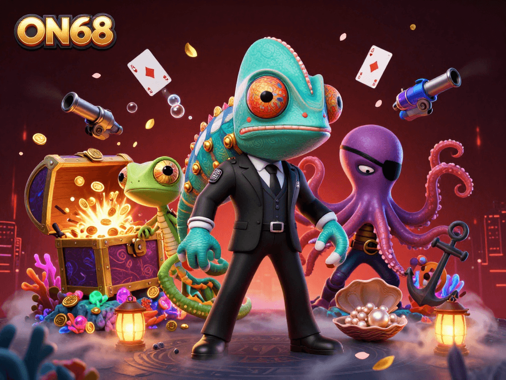 Engage with ON68's vibrant 3D casino world, featuring witty characters amidst gold coins and gaming excitement