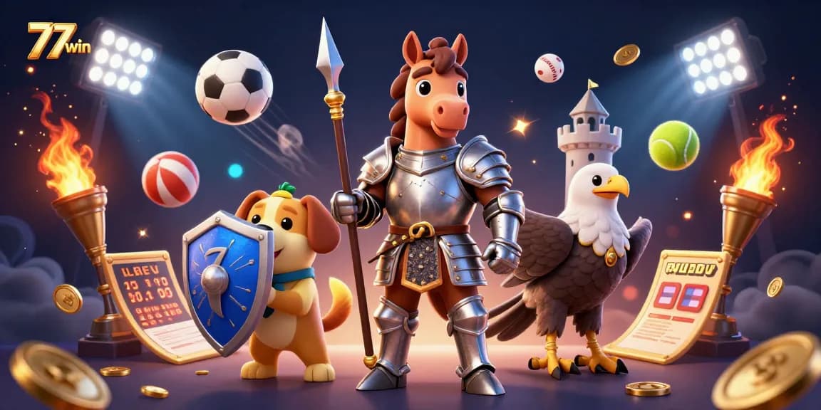 Bet on 77win with a knight, a squire, and a falcon in an epic 3D casino battle scene.