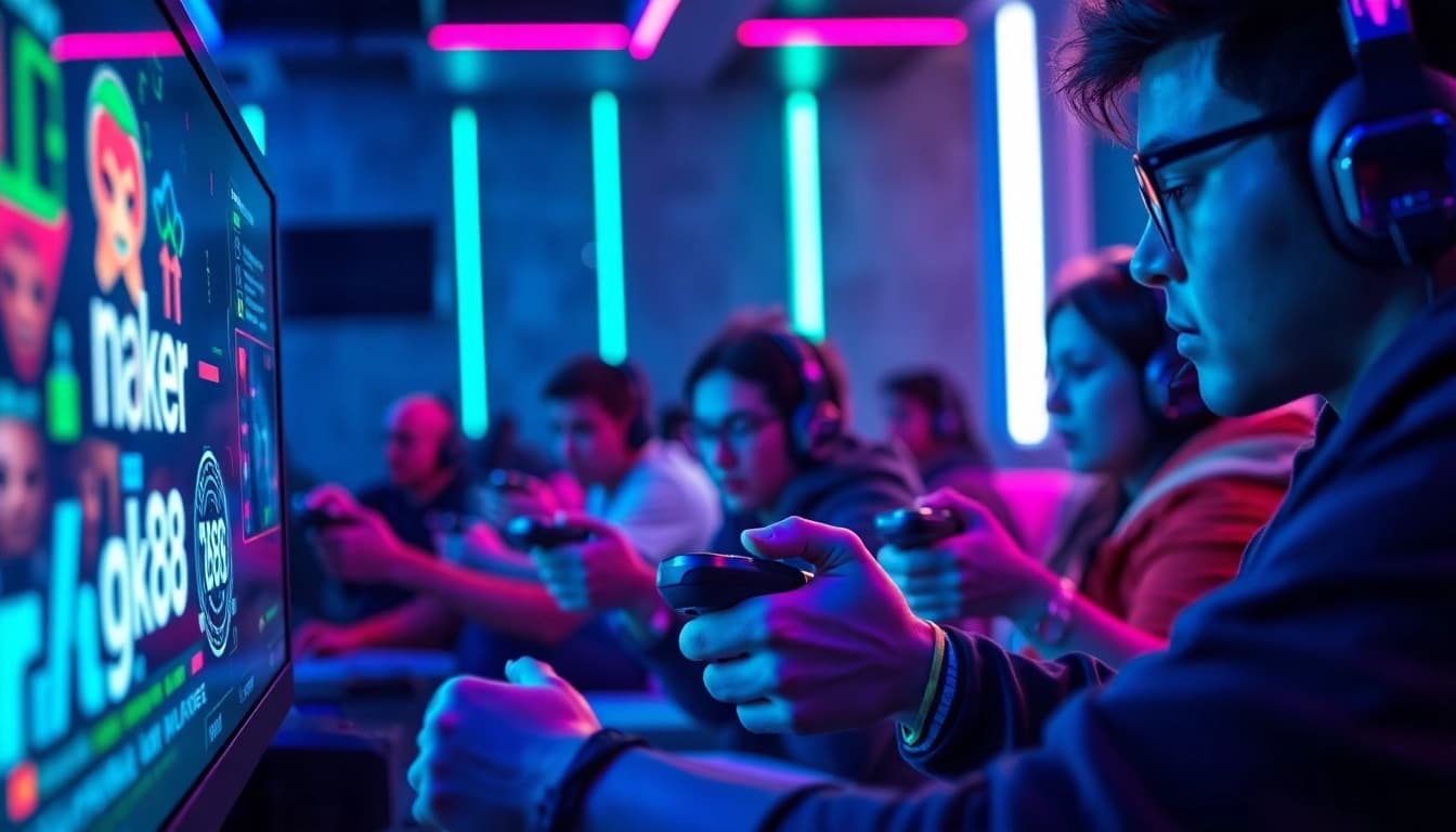 Exciting gaming scene with players engaged in nk88 gameplay in a vibrant atmosphere.