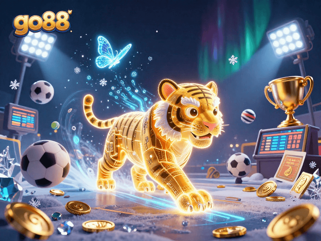 Engage with go88 in a vibrant digital casino illustration featuring a golden tiger and sports elements.