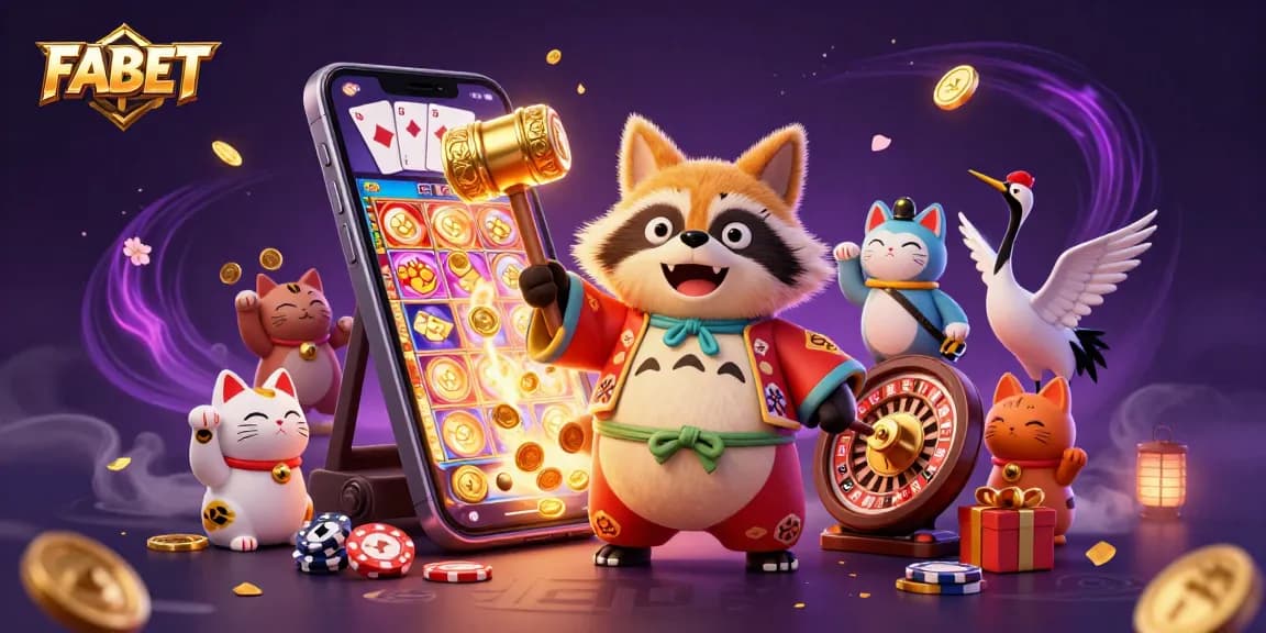 Engage with FABET through colorful slots and smiling characters in a vibrant, dynamic casino scene.