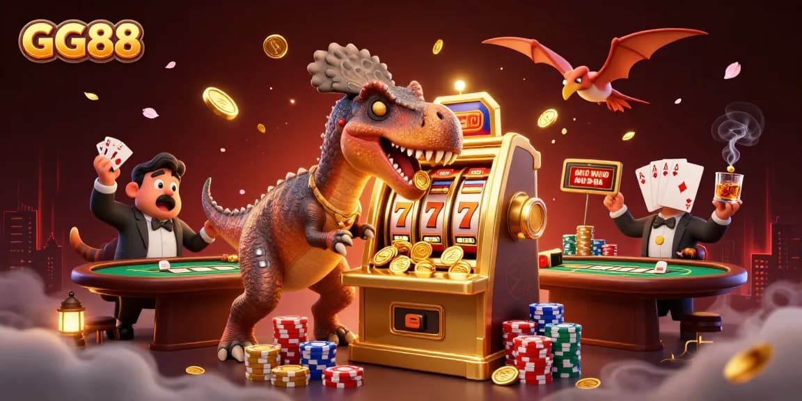 GG88 slot machine jackpot triggered by dinosaur characters, creating a vibrant casino adventure.