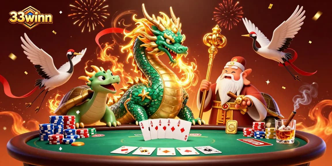 Engage with 33winn's vibrant casino scene featuring a jade dragon and poker elements.