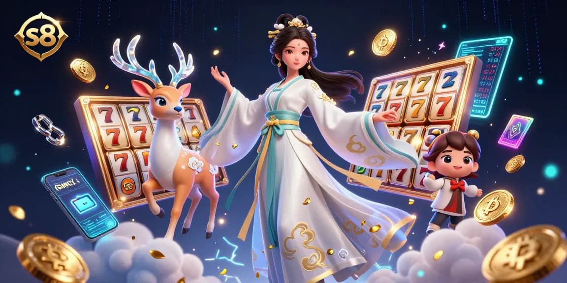 Engage in thrilling S8 gambling excitement featuring lively slot reels and floating golden coins.