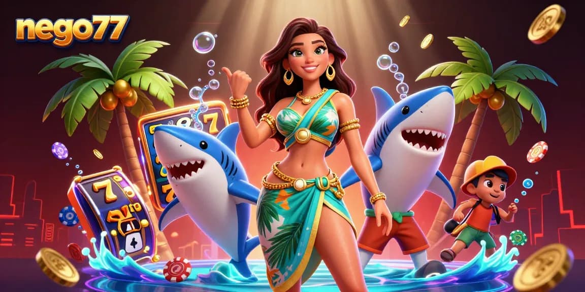 Nego77 enhances gaming with vibrant slot reels and dynamic characters in a lively online casino scene.