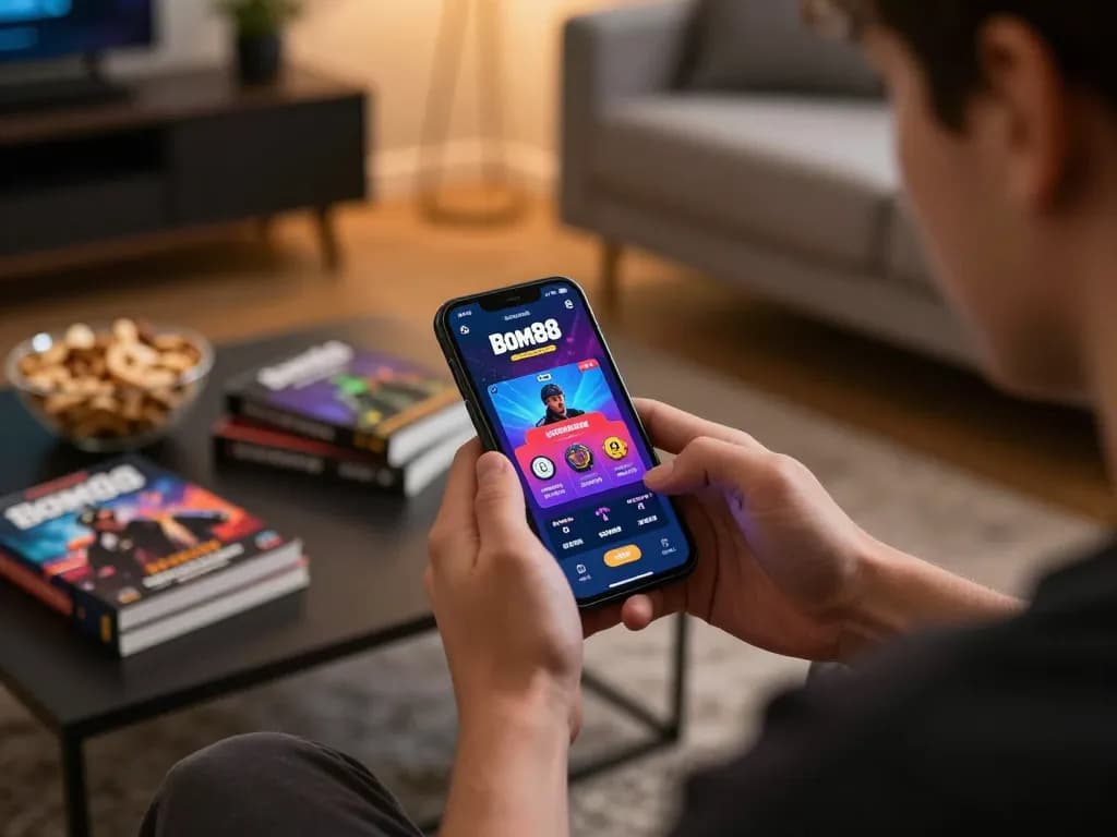 Engaging with Bom88 mobile app for online gaming in a cozy living room while enjoying snacks