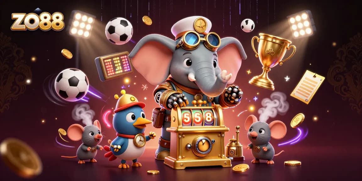 Spin to win at zo88 with a steampunk elephant engineer beside a golden slot machine and flying sports elements.