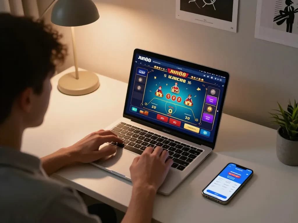 Player engaging with Jun88 casino games on a laptop at a modern home desk