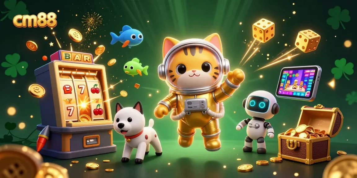 Experience cm88 with a vibrant 3D casino scene featuring a cat astronaut and dynamic game elements.