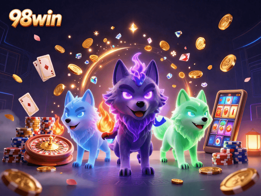 Experience thrilling wins with 98win as ghostly wolves lead a vibrant casino adventure.