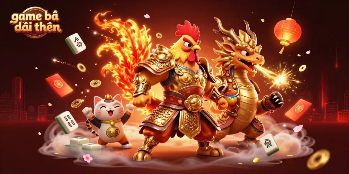 Engage in exciting game bài đổi thưởng with a vibrant scene featuring a rooster warrior and dragon hatchling.