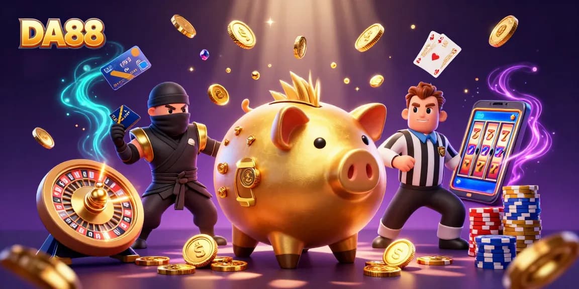 DA88 features a dynamic casino scene with a golden piggy bank sumo wrestler, stacking winnings.