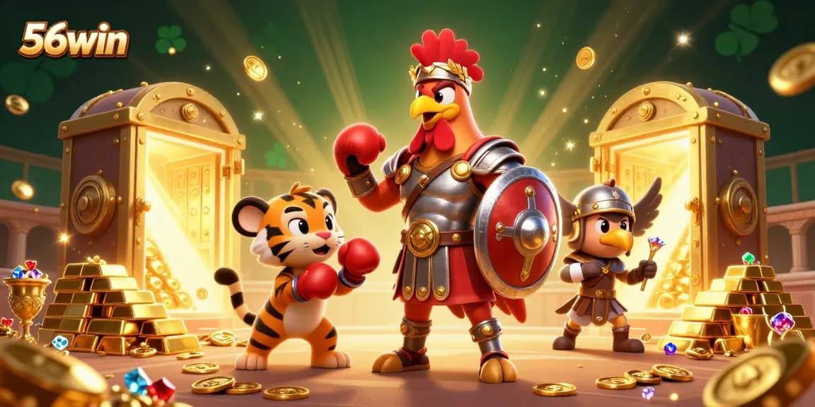 Win big at 56win with an adventurous illustration featuring a gladiator rooster and riches.