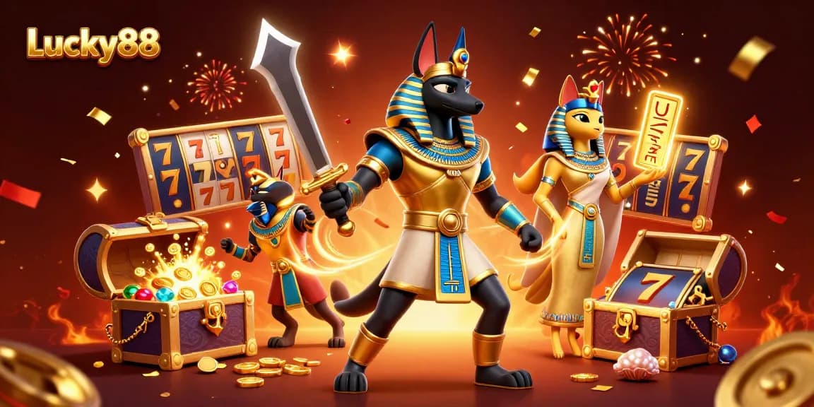 Experience thrilling gameplay with Lucky88 slot featuring Anubis and Bastet surrounded by riches.