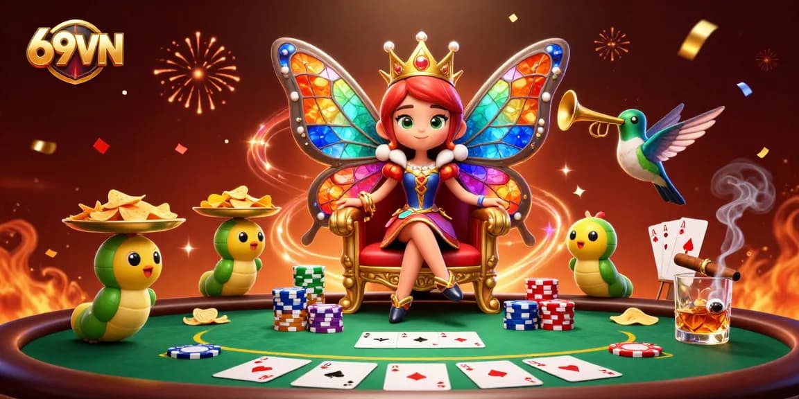Experience winning at 69VN with a vibrant casino scene featuring poker chips and dynamic characters.
