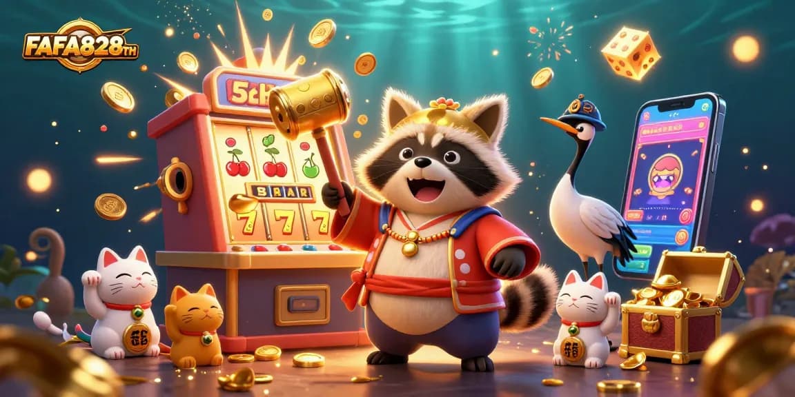 Engage with FAFA828TH as cheerful tanuki celebrates with golden mallet, colorful themed slot wins.