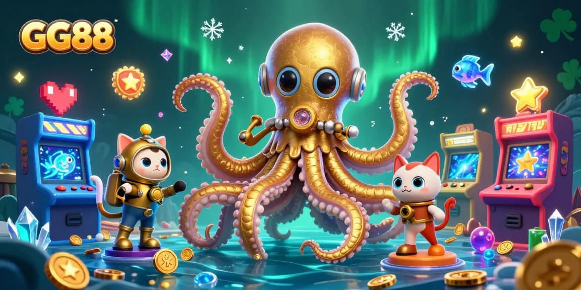 Experience thrilling gameplay at GG88 with a vibrant 3D illustration of a kraken and a diving cat.