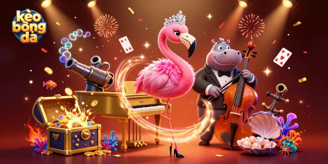 Exciting kèo bóng đá scene featuring a flamboyant flamingo piano singer and a hippo bassist jamming together.