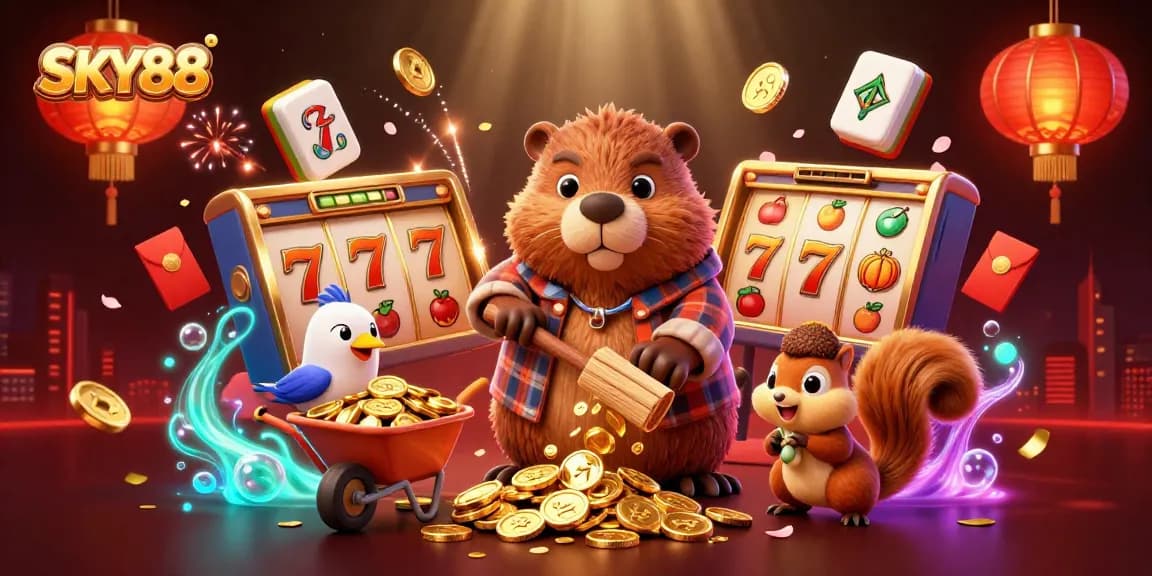 Engaging SKY88 casino scene with characters enjoying slot games amidst gold coins and festive decorations.